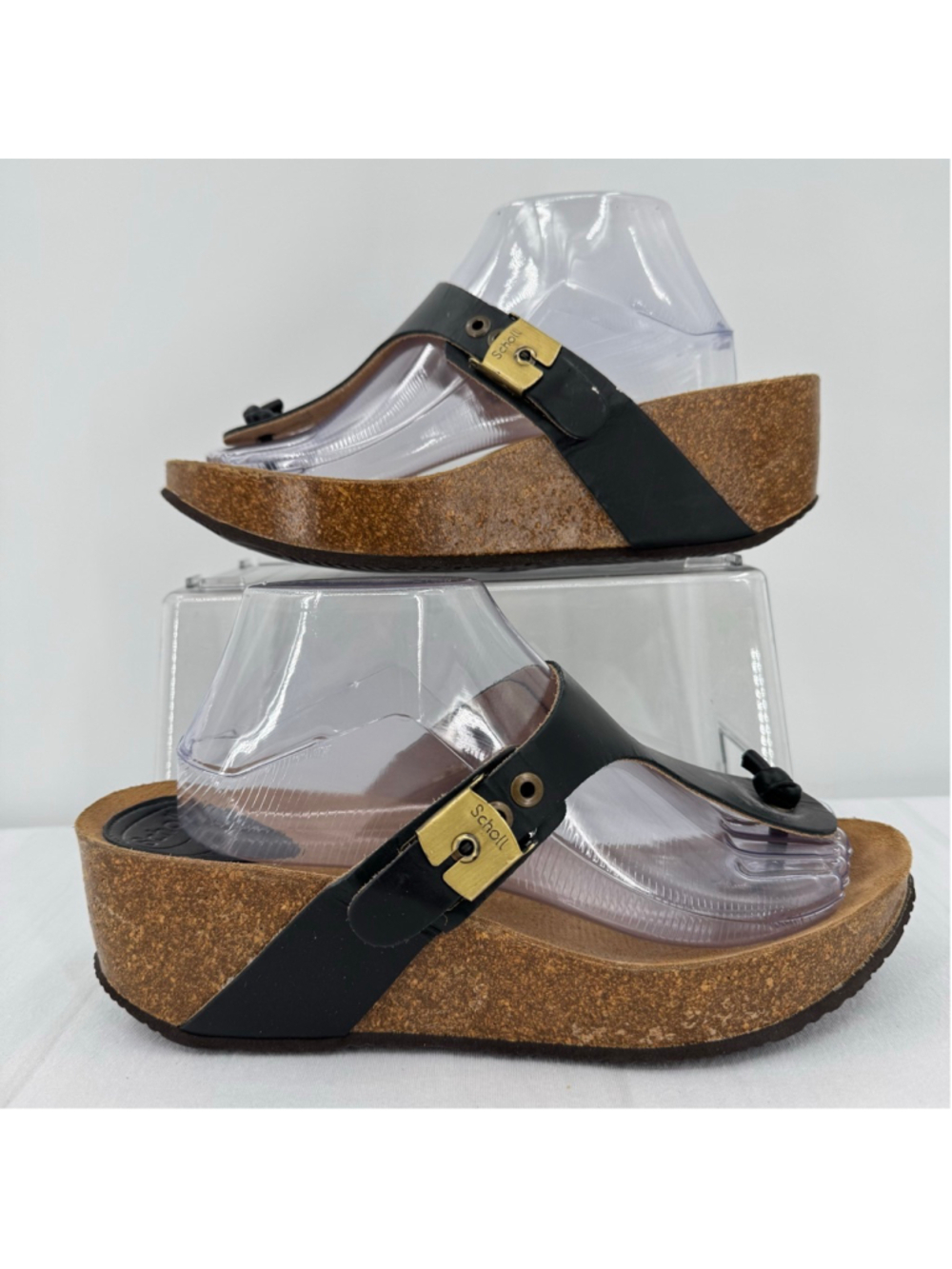 Scholl Wedge Thong Platform Sandal Black Leather Anatomic Support Size 41 10.5